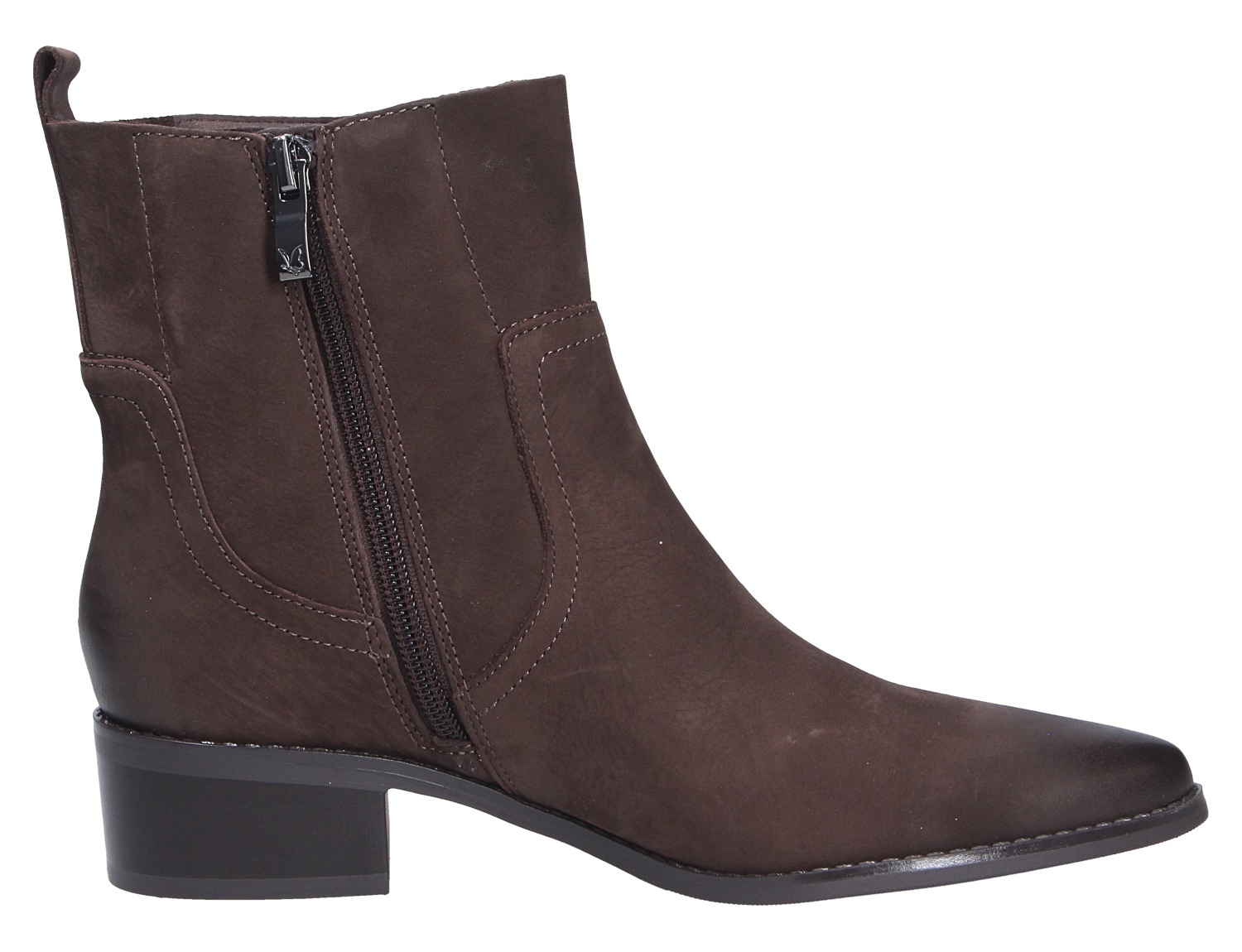 Caprice Damen Stiefel in Dunkelbraun, knöchelhoher Boot mit Blockabsatz, spitzer Vorderkappe und seitlichem Reißverschluss