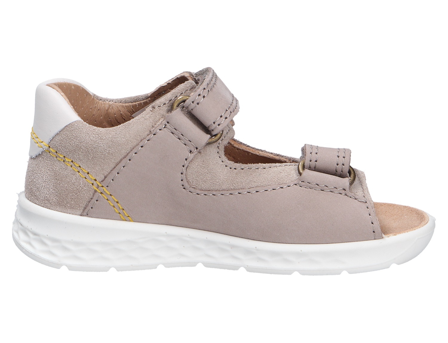 Superfit Lagoon Kinder-Sandale in Beige aus Leder und Veloursleder, seitliche Ansicht mit zwei Klettverschlüssen und weißer Laufsohle