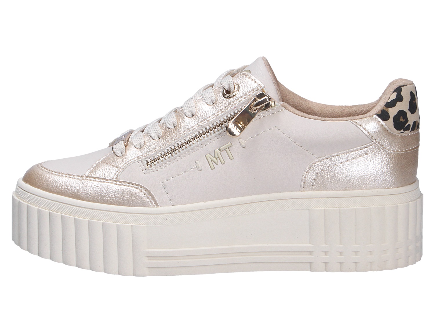 Marco Tozzi Damen Sneaker in Weiß mit goldenen Metallic-Details, seitlichem Reißverschluss, Plateausohle und Leo-Akzent an der Ferse