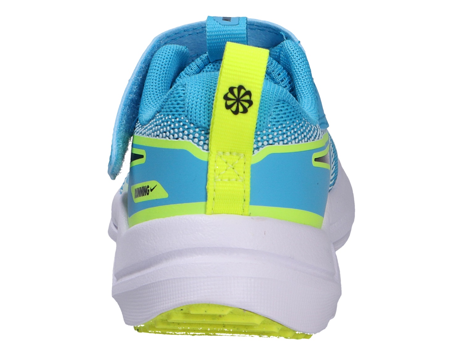 Rückansicht des Nike Cosmic Runner Laufschuhs in Blau mit neongelben Details, weißer Sohle und praktischer Zuglasche