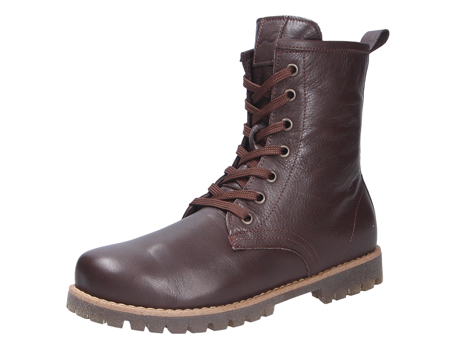Andrea Conti Damen Stiefel aus braunem Leder, knöchelhoch mit Schnürung, Zuglasche und markanter Profilsohle