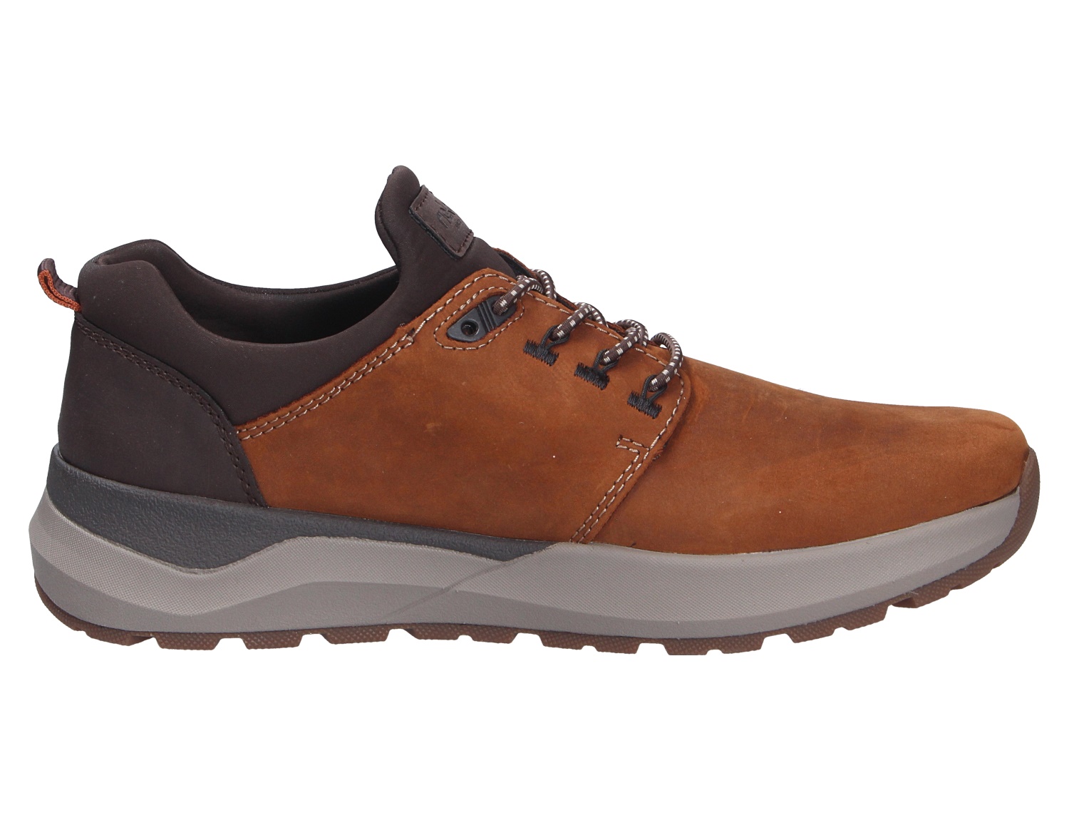 Rieker Herren Sneaker in Braun, Seitenansicht, mit Schnürung, gepolstertem Schaftrand und robuster heller Profilsohle