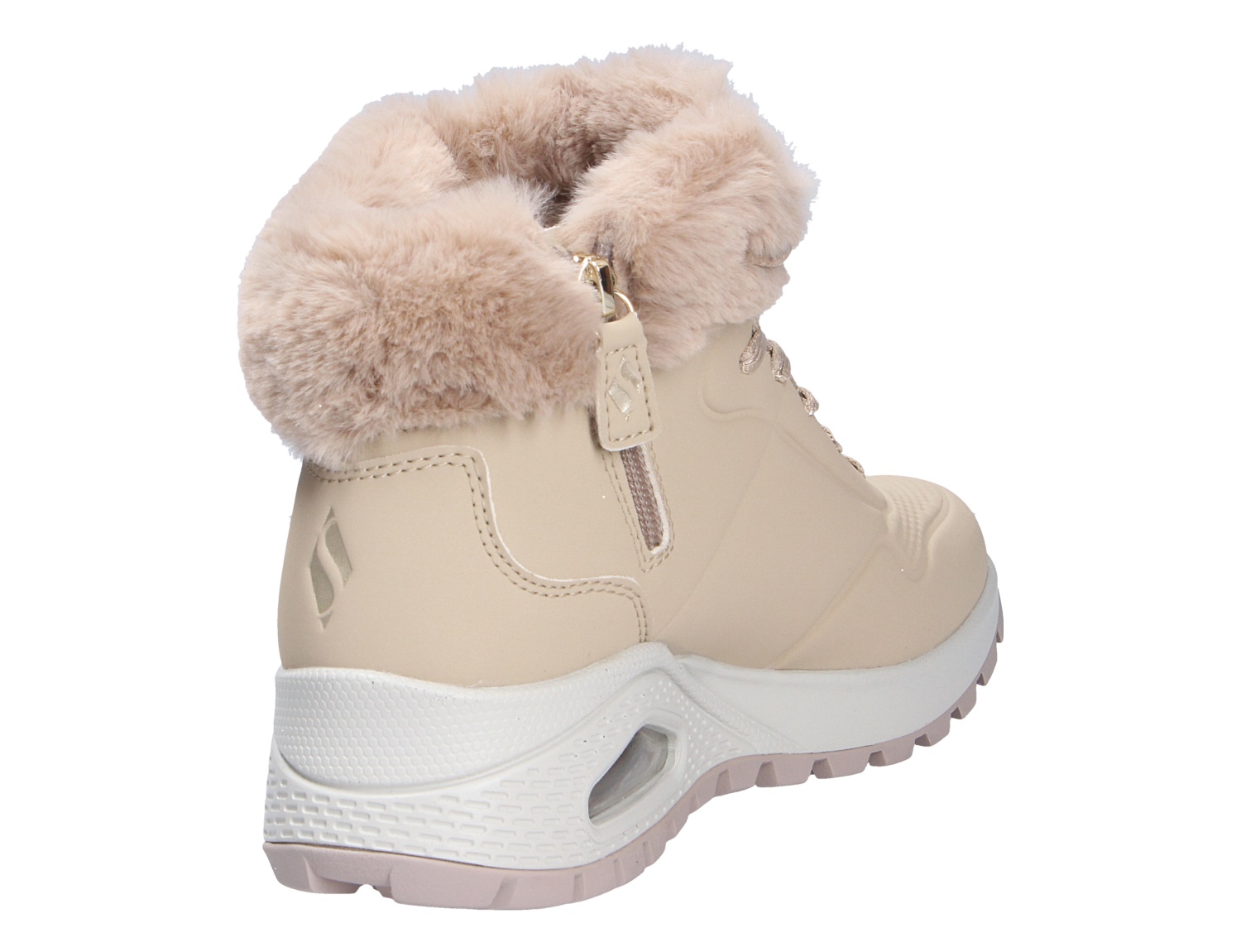 Skechers Uno Rugged Damen Winter-Boot in Beige mit flauschigem Kunstfellkragen, Reißverschluss und profilierter Sohle, Rück- und Seitenansicht