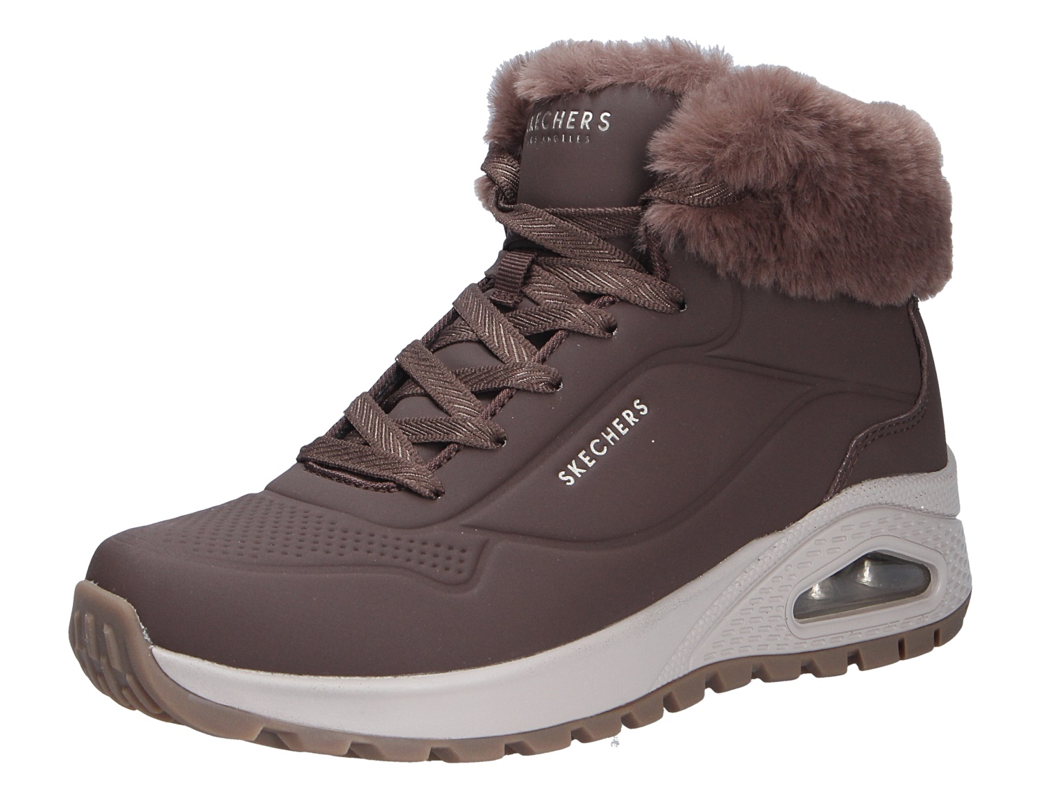 Skechers Uno Rugged Damen Winter-Sneaker in Braun, knöchelhoch mit Schnürung, weichem Kunstfellkragen und profilierter Keilsohle
