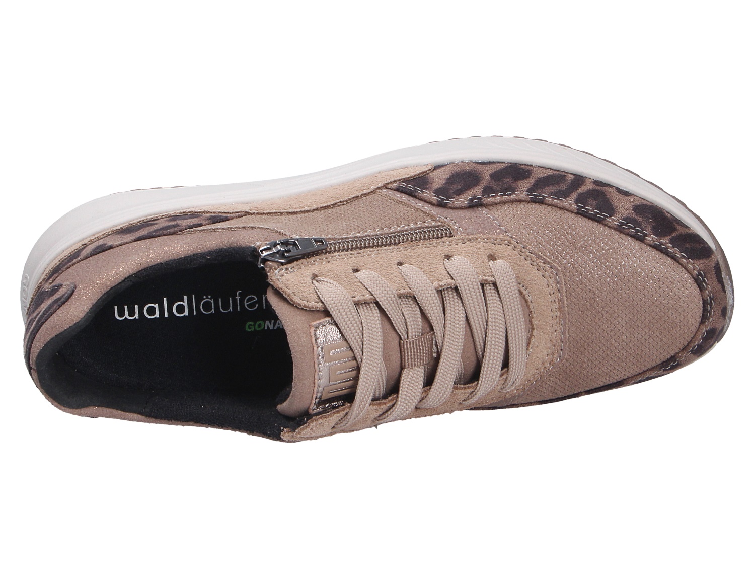 Waldläufer H-Macie Damen-Sneaker in Taupe mit Schnürung, seitlichem Reißverschluss und Leopardenmuster, Ansicht von oben