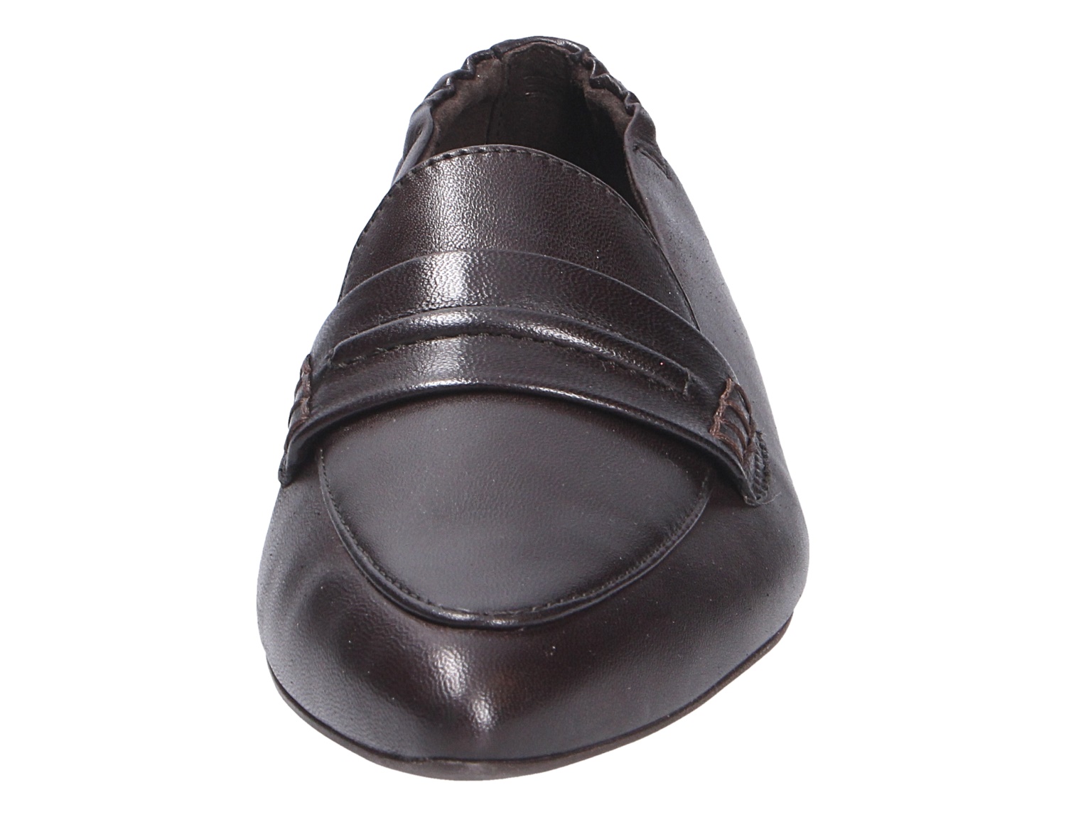 Frontansicht des Paul Green Damen Slippers aus braunem Glattleder mit klassischer Mokassin-Naht und Zierlasche