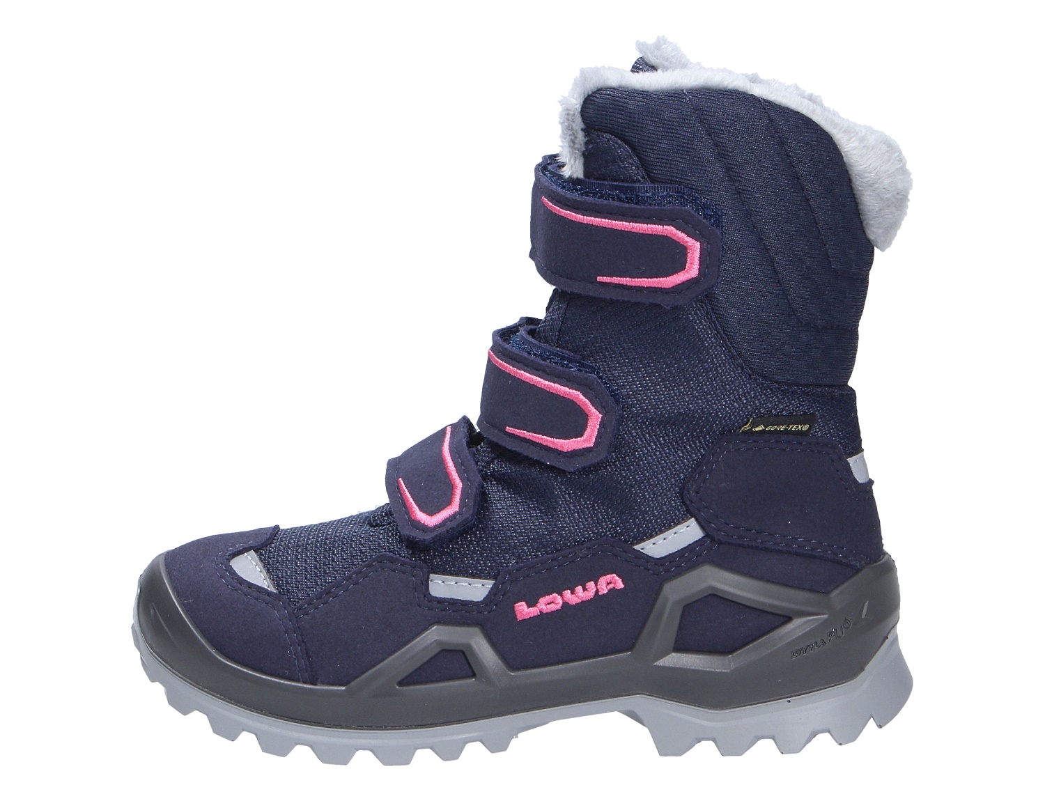 Lowa MILO EVO GTX HI JR Kinder-Winterstiefel in Navy mit pinken Details, hohem Schaft, Klettverschlüssen, warmem Futter und GORE-TEX