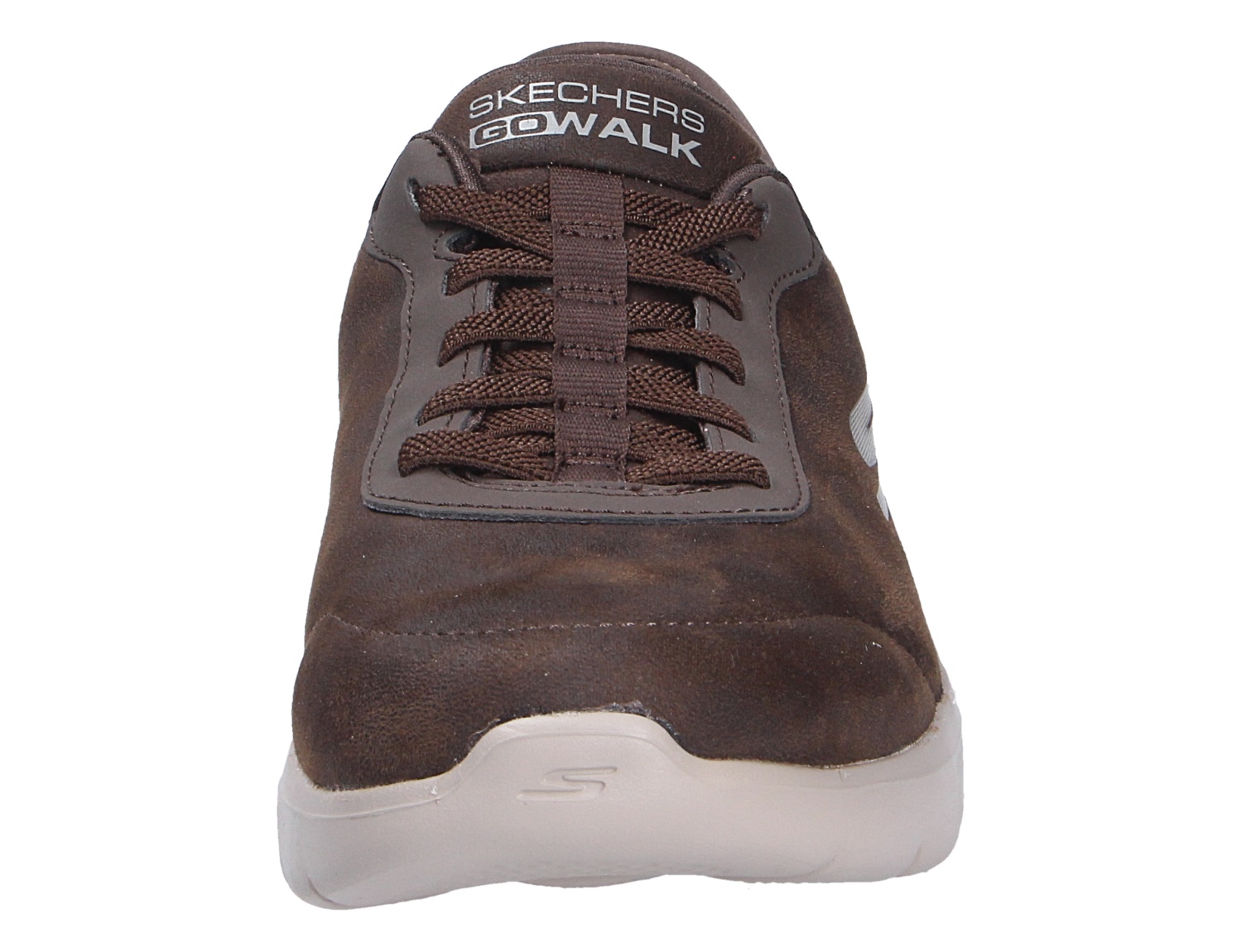 Frontalansicht des braunen Skechers Go Walk Flex Sneakers mit Schnürung und heller Sohle