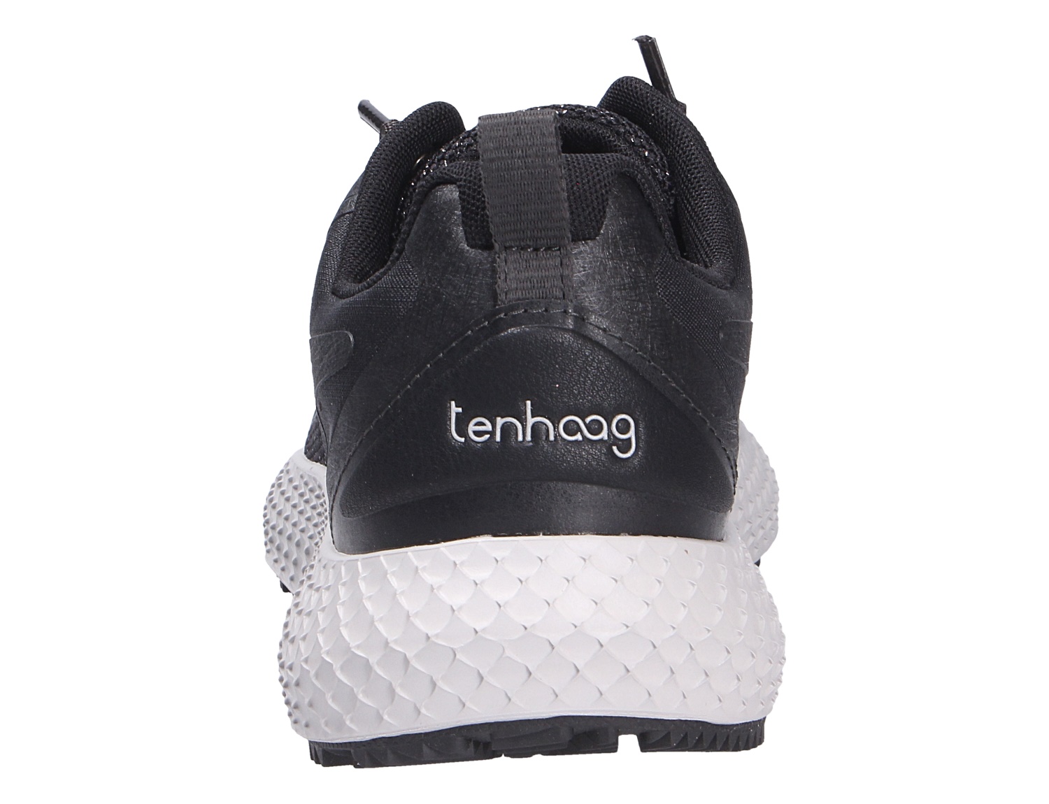 Rückansicht des tenhaag Damen Sneakers in Schwarz mit Logo an der Ferse und weißer strukturierter Sohle