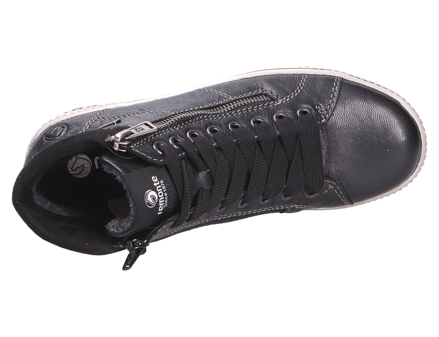 Remonte Damen Stiefel in Schwarz aus Lederoptik mit Schnürung, seitlichem Reißverschluss und heller Sohle, Draufsicht