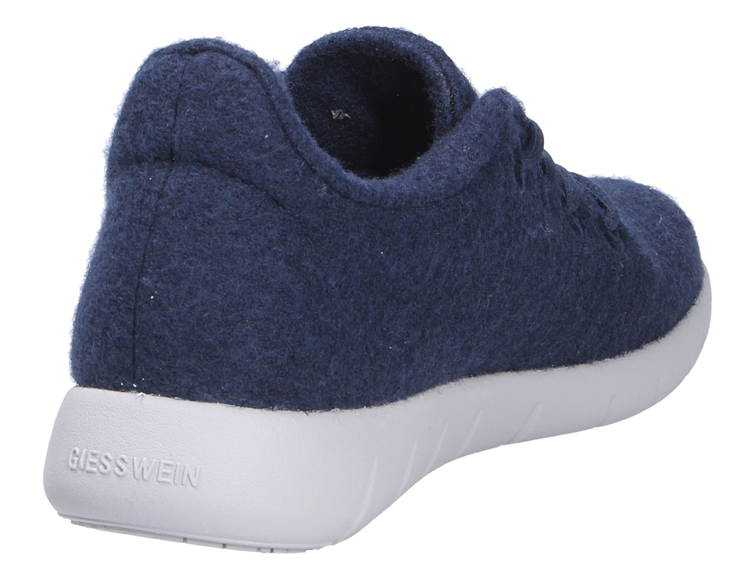 Rückansicht des Giesswein MERINO RUNNERS WOMEN Damen-Sneakers aus dunkelblauer Merinowolle mit weißer Sohle