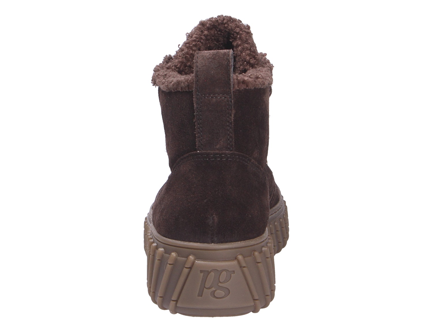 Rückansicht der Paul Green Damen Stiefel aus dunkelbraunem Veloursleder mit kuscheligem Futter und profilierter Sohle