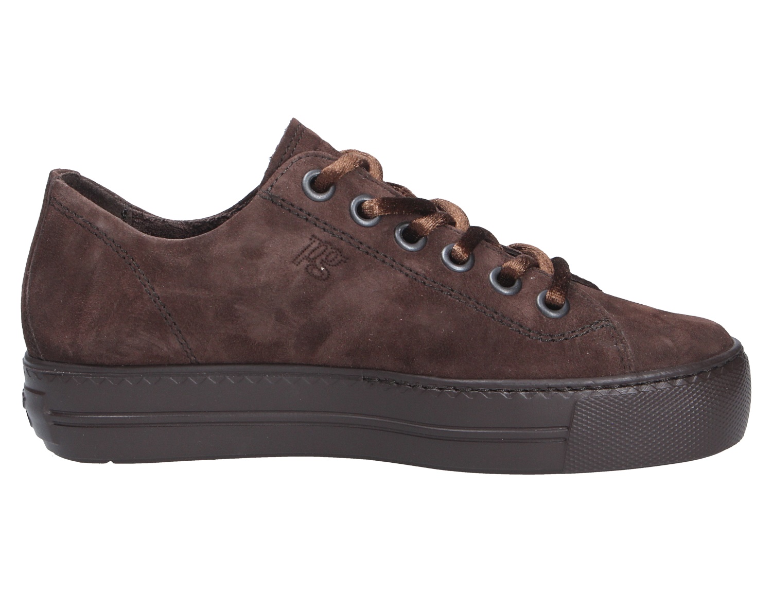 Paul Green Damen Sneaker aus braunem Veloursleder, seitliche Ansicht, mit Schnürung und dunkler Plateausohle