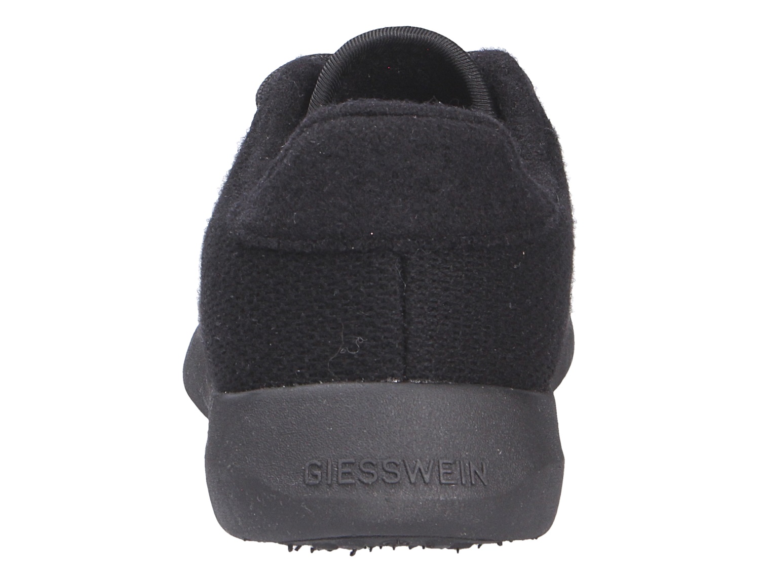 Rückansicht des schwarzen Giesswein Damen-Sneakers MERINO WOOL KNIT WOMEN aus Merinowolle mit markanter Fersenkappe und schwarzer Sohle