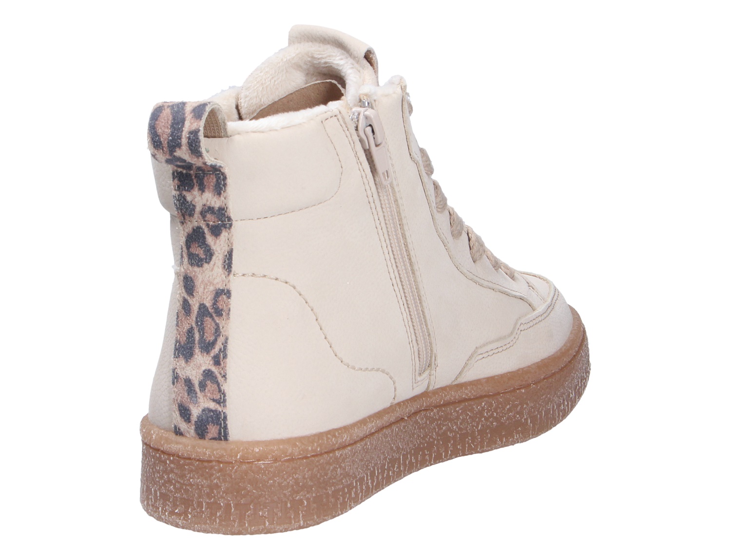 Tamaris Damen Sneaker in Creme, halbhoch mit seitlichem Reißverschluss, warmem Innenfutter, brauner Sohle und Leopardenmuster-Detail an der Ferse, Rückansicht