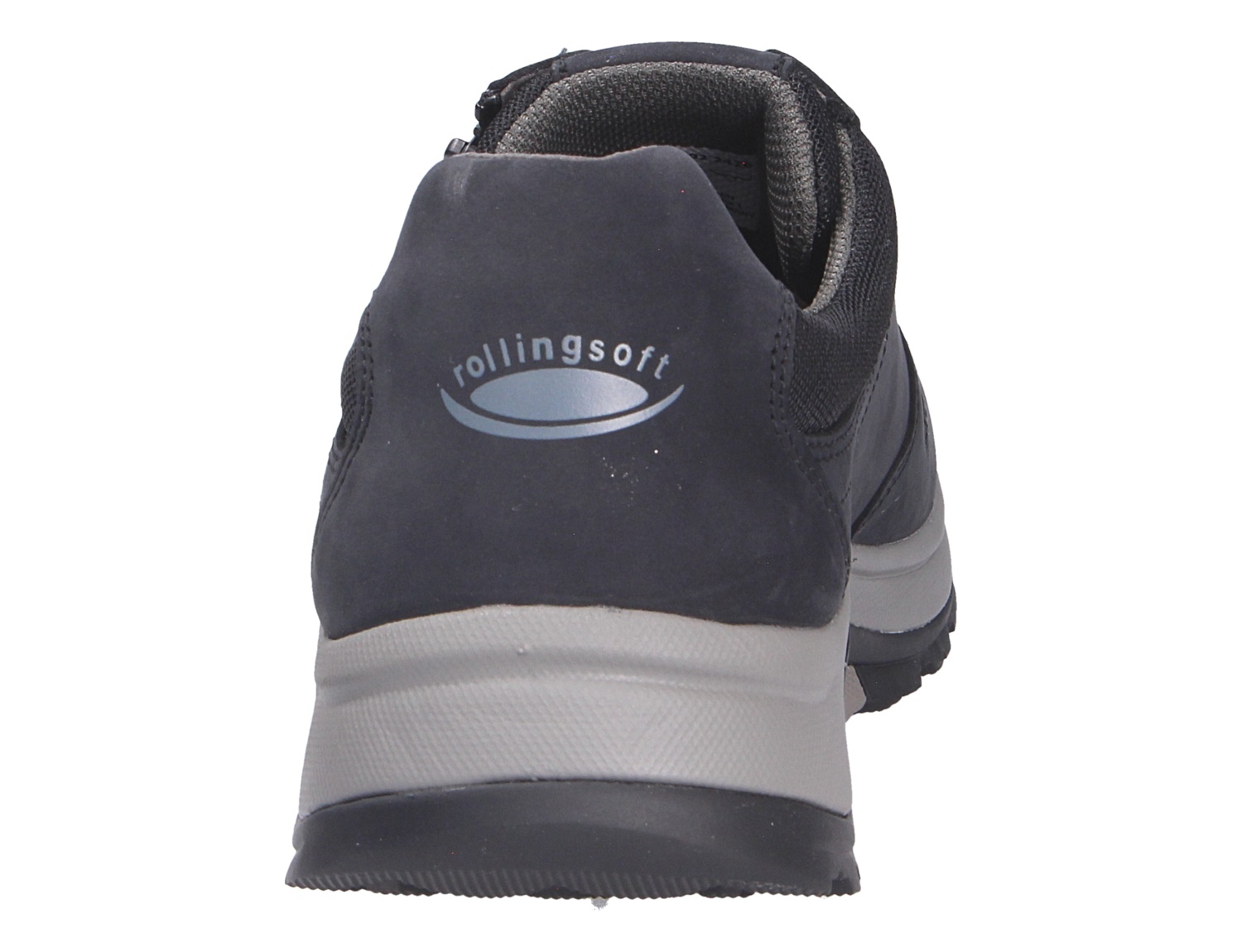 Rückansicht der Pius Gabor Herren Schnürschuhe in Dunkelblau mit Rollingsoft Logo an der Ferse und heller, sportlicher Laufsohle