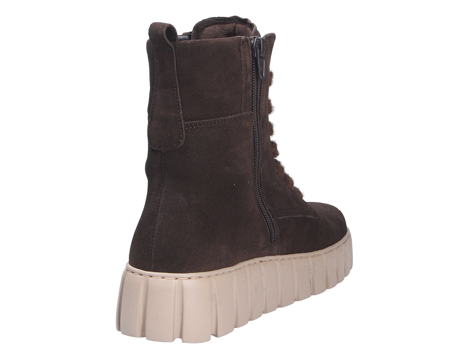 Gabor Damen Stiefel in Braun aus Veloursleder, Rückansicht mit seitlichem Reißverschluss und heller, markanter Profilsohle