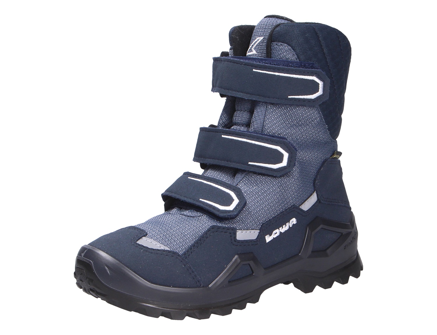 Lowa MILO EVO GTX HI JR hoher Kinder-Winterstiefel in Blau mit drei Klettverschlüssen und griffiger Sohle