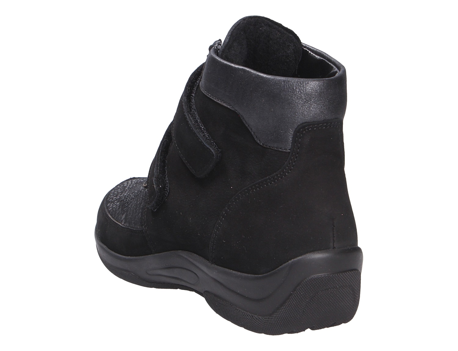 Waldläufer Damen Stiefel in Schwarz aus Leder, Rückansicht mit hohem Schaft, Klettverschluss und rutschfester Sohle