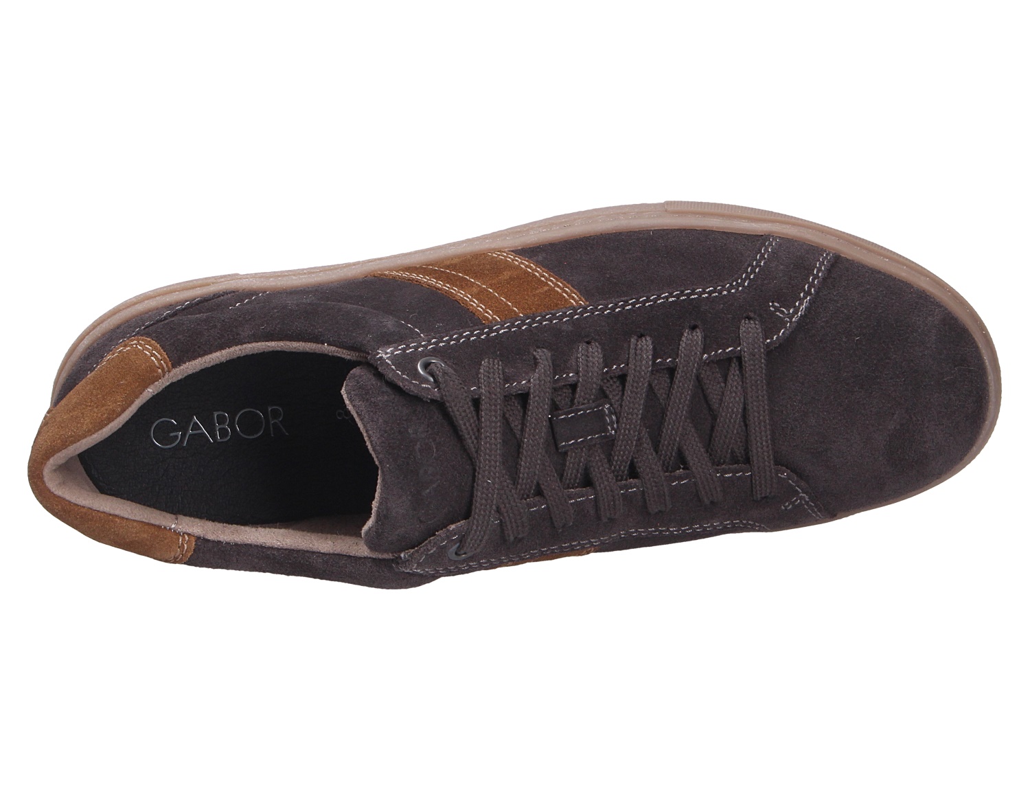 Pius Gabor Herren Sneaker in Dunkelbraun aus Veloursleder mit hellbraunen Einsätzen und Schnürung, Ansicht von oben