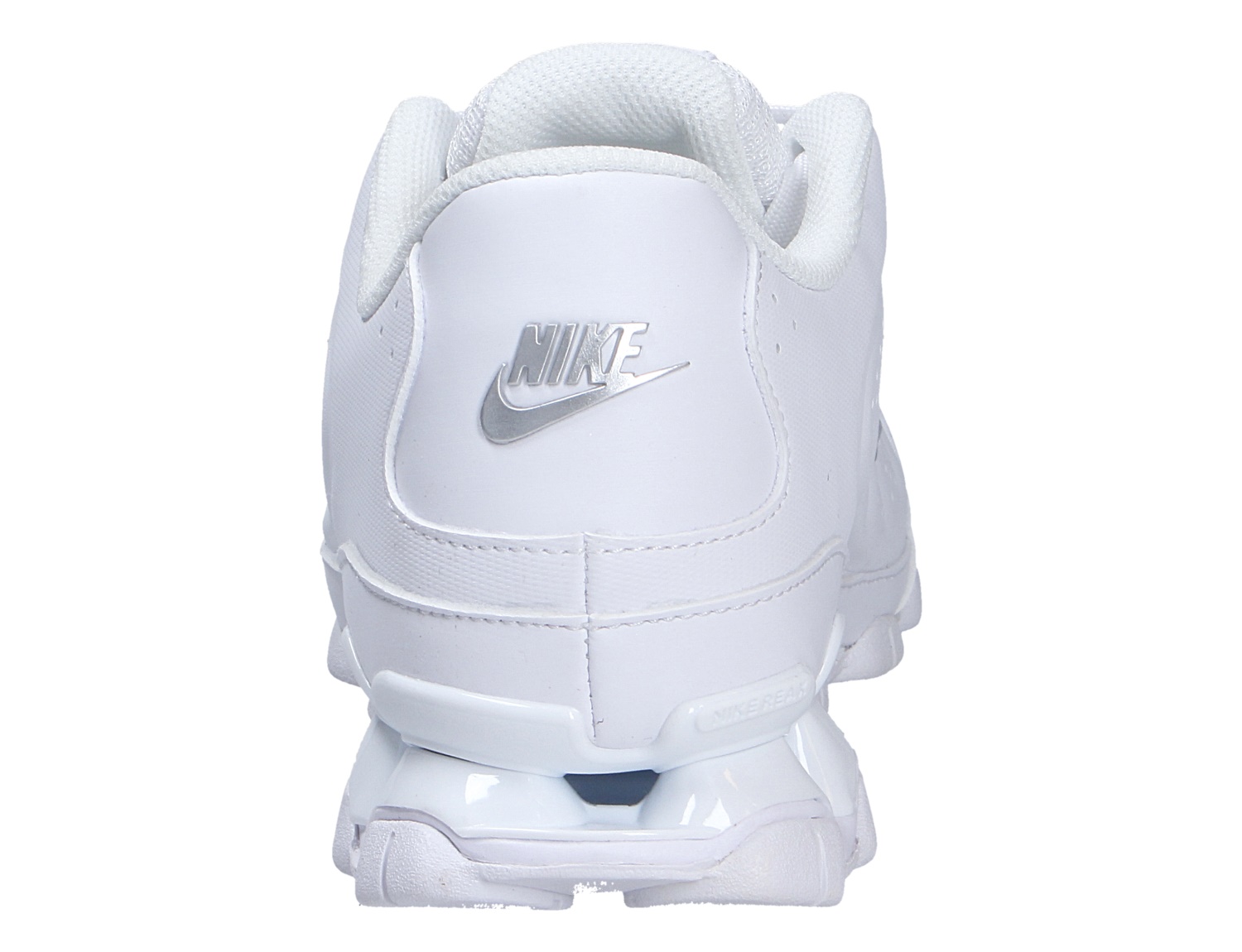 Rückansicht des weißen Nike Reax 8 Nsw Sl Sneakers mit gepolstertem Schaft, Nike Logo an der Ferse und Reax-Sohle
