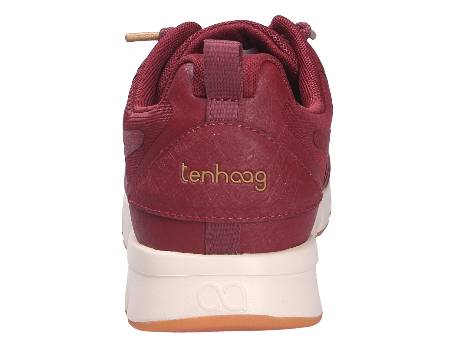 Rückansicht des Bordeaux-Sneakers tenhaag 0003 von tenhaag mit weißer Sohle und Logodetail an der Ferse