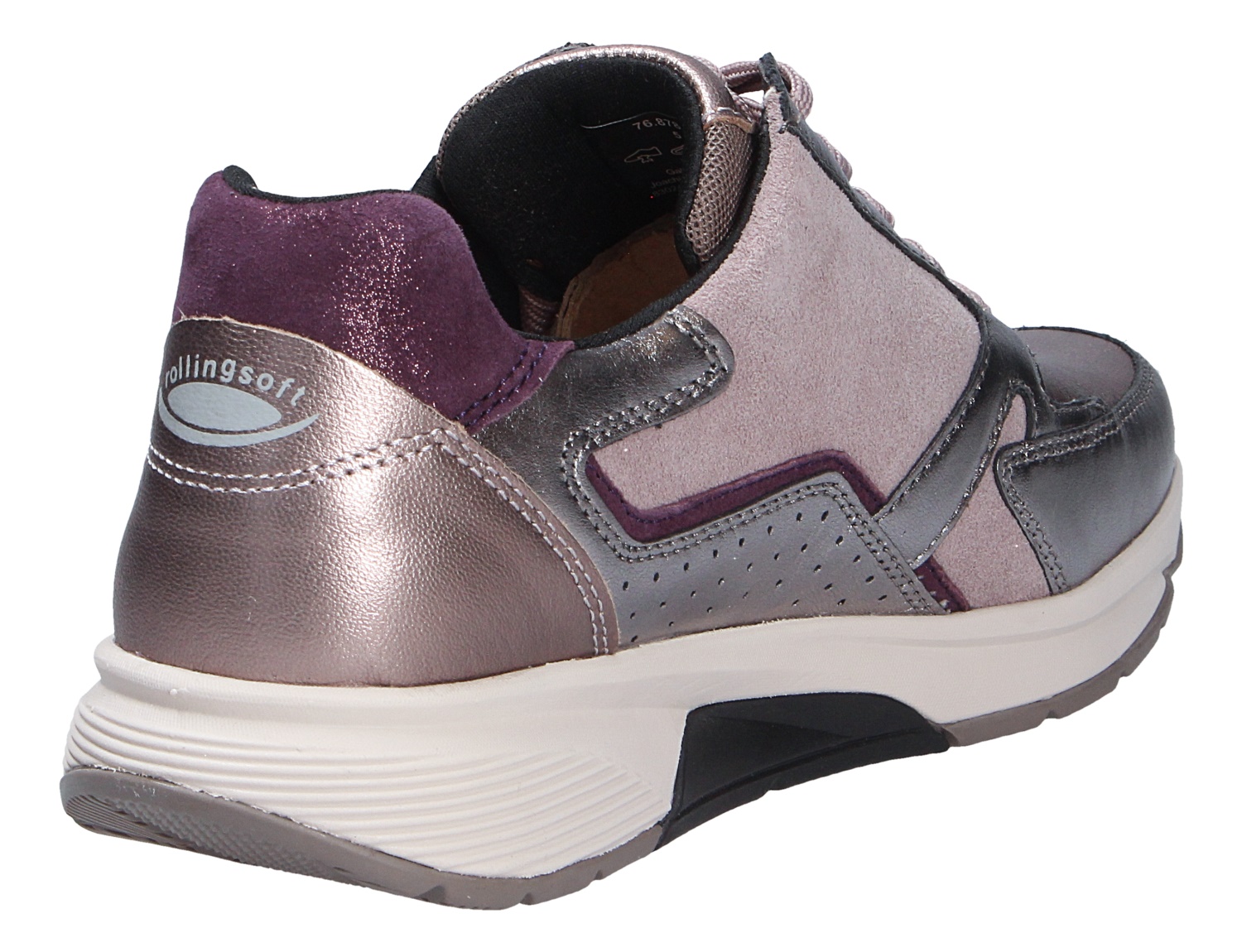 Gabor Damen Schnürschuhe in Metallic-Lila und Grau mit weißer Sohle, Seiten- und Rückansicht