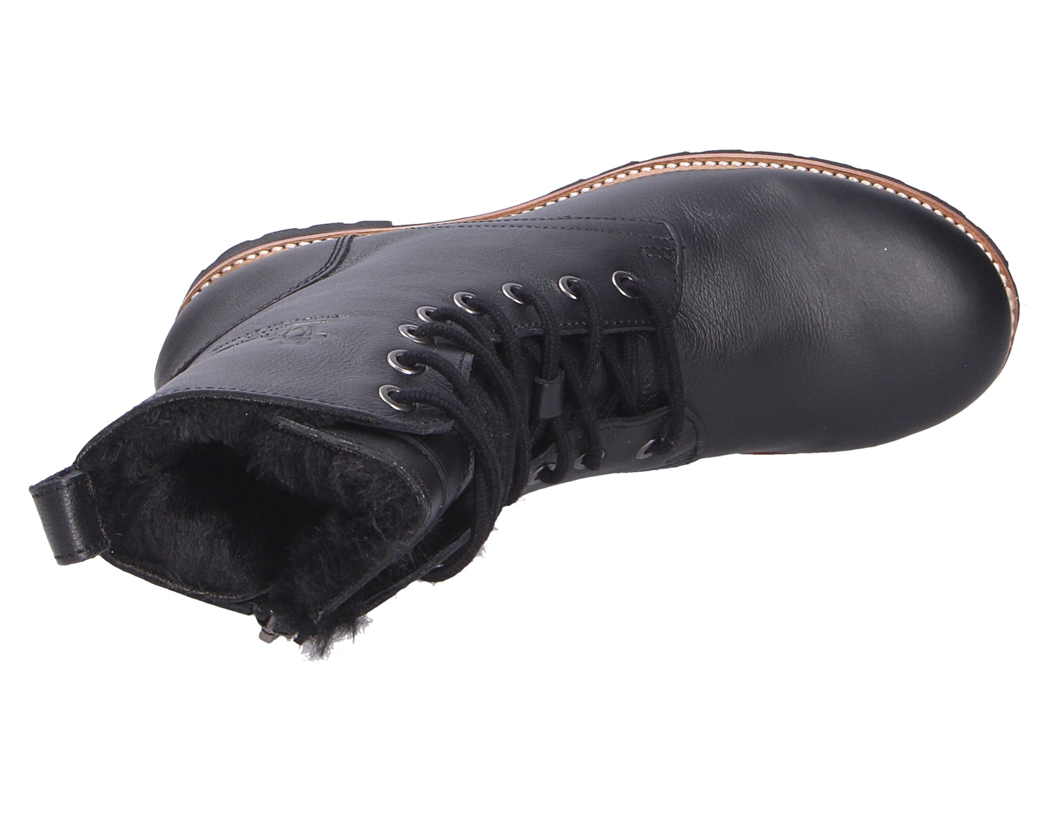Panama Jack Frisia, schwarze Leder-Stiefelette mit Schnürung, Profilsohle und warmem Innenfutter in der Ansicht von oben