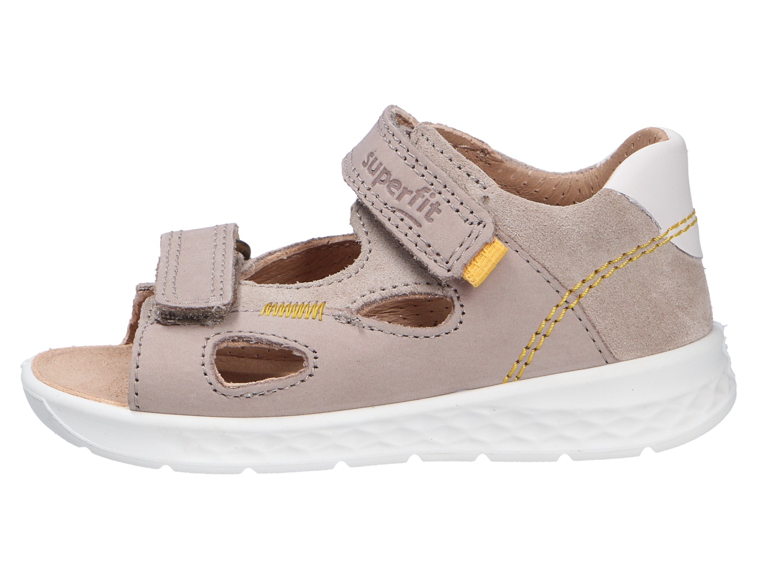 Superfit Lagoon Kinder-Sandale in Beige aus Veloursleder und Leder mit Klettverschluss, geschlossener Ferse und weißer Laufsohle