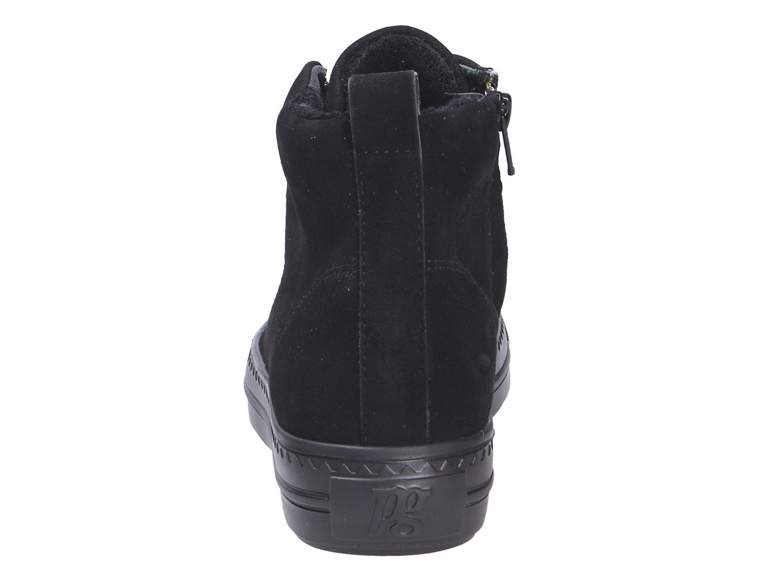 Rückansicht eines schwarzen Paul Green Damen Sneakers aus Veloursleder mit hohem Schaft, Reißverschluss und schwarzer Sohle