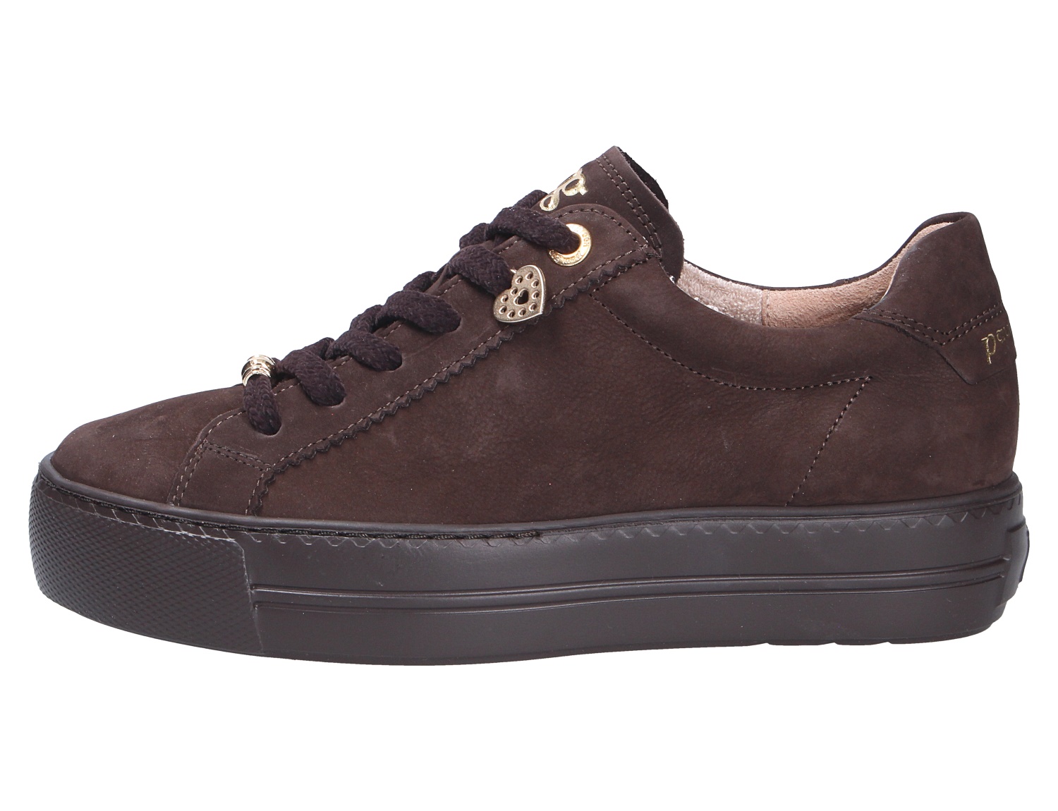 Seitliche Ansicht des Paul Green Damen Sneakers aus dunkelbraunem Nubukleder mit Schnürung, Plateau-Sohle und goldfarbenen Details