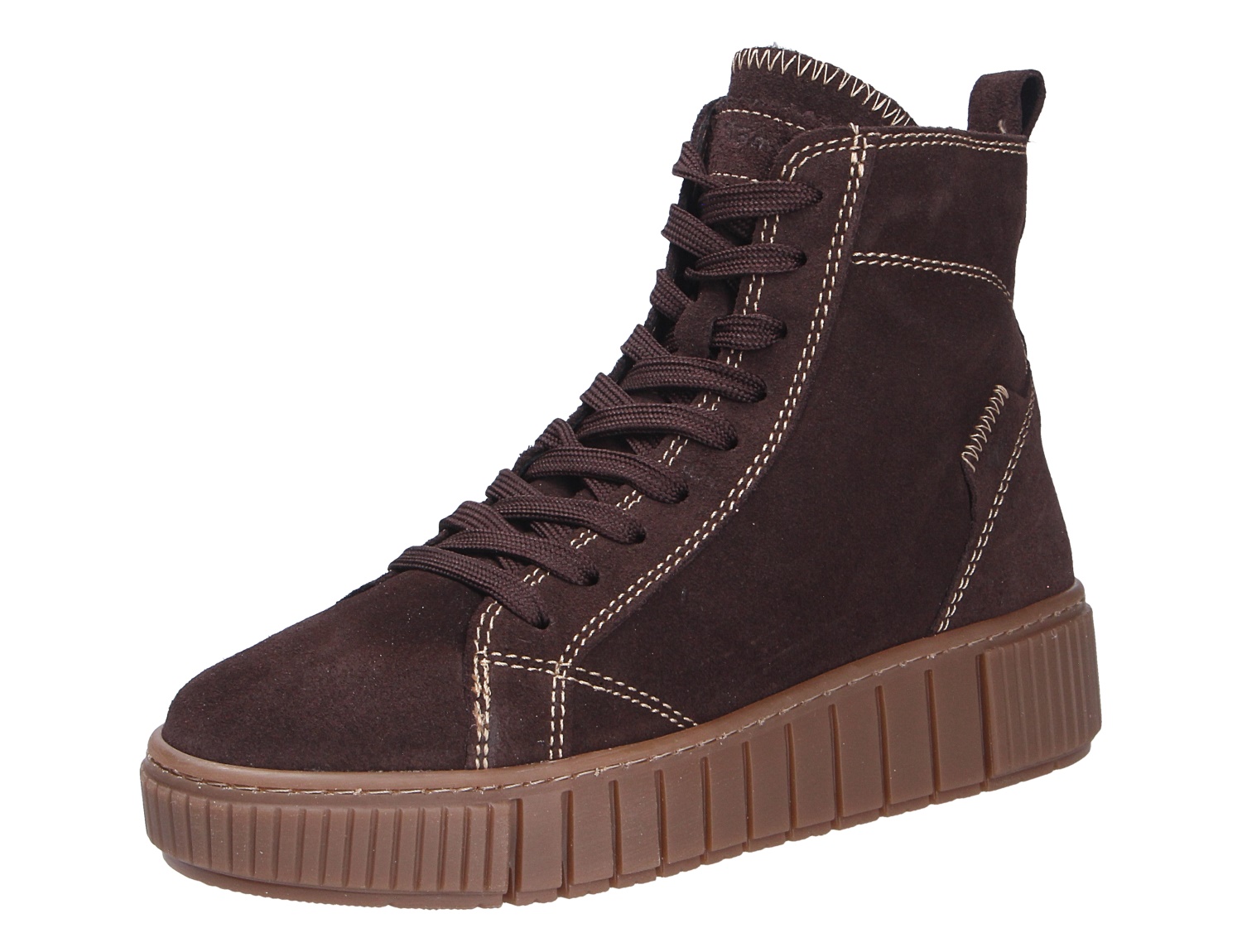 Tamaris Damen Stiefel in Dunkelbraun aus Veloursleder-Optik mit Schnürung, Ziernähten und profilierter Plateausohle