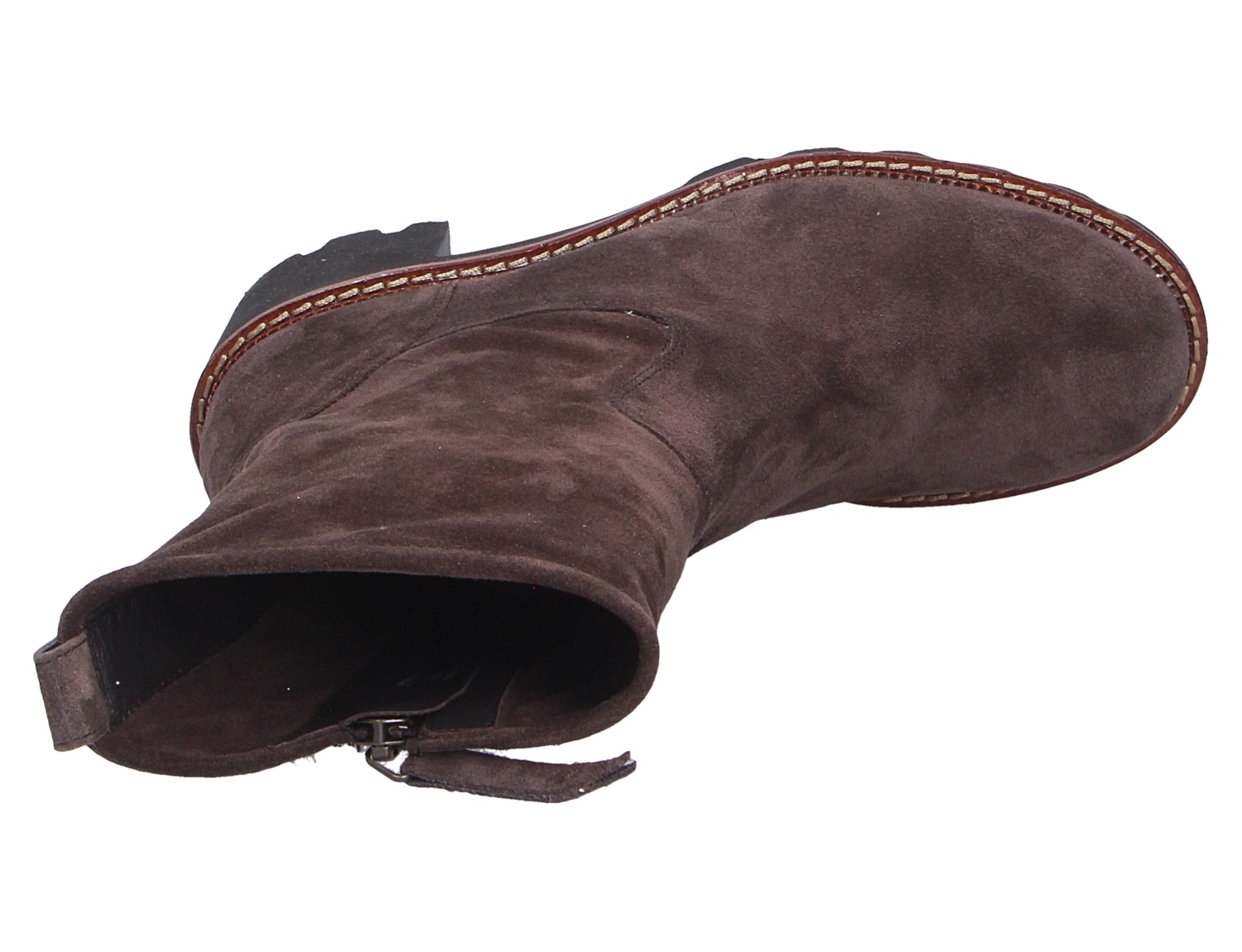Paul Green Damen Stiefel aus dunkelbraunem Veloursleder, lässig geraffter Schaft und seitlicher Reißverschluss