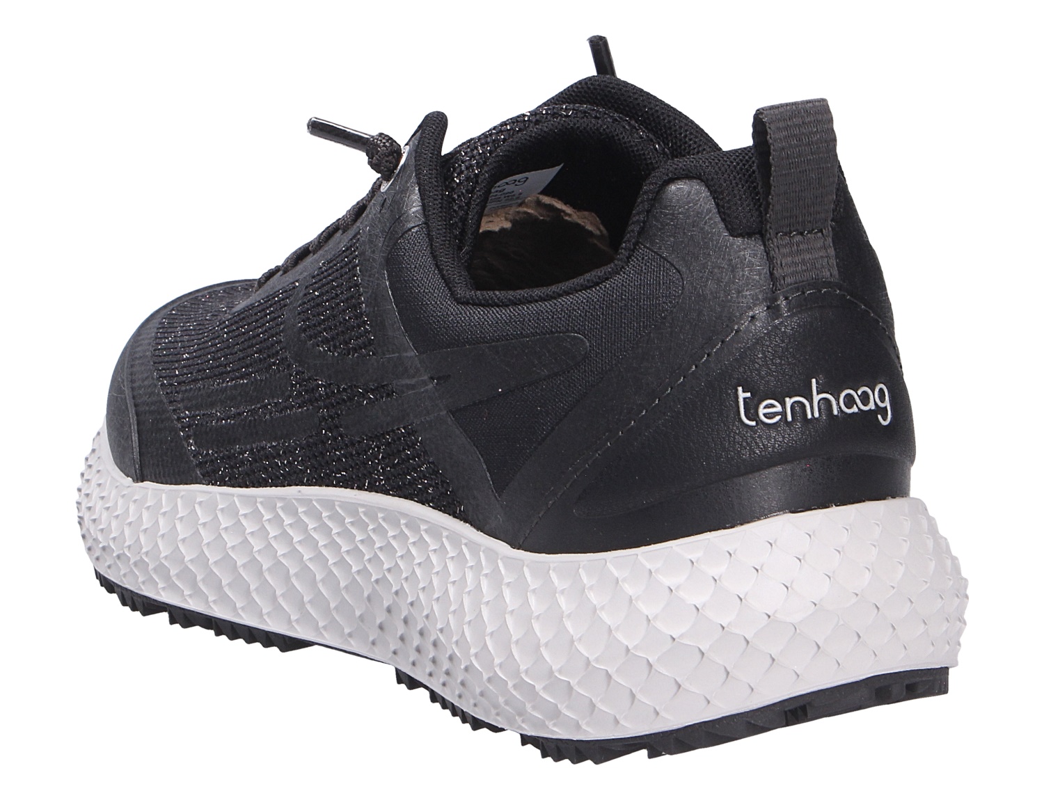 tenhaag Damen Sneaker, schwarzer Freizeitschuh mit Schnürung, strukturierter Oberfläche und weißer, markanter Profilsohle in Rück- und Seitenansicht