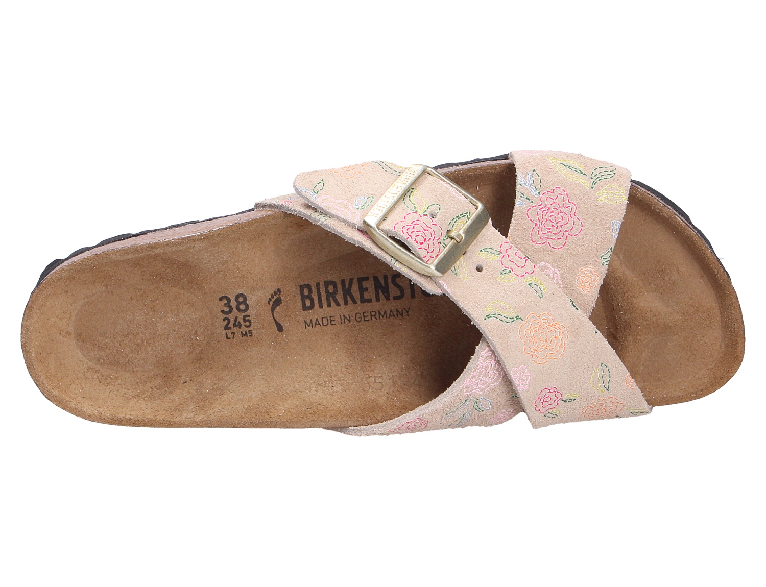 Birkenstock Siena Pantolette in Rosa mit floralem Muster, gekreuzten Riemen und verstellbarer Schnalle, Ansicht von oben