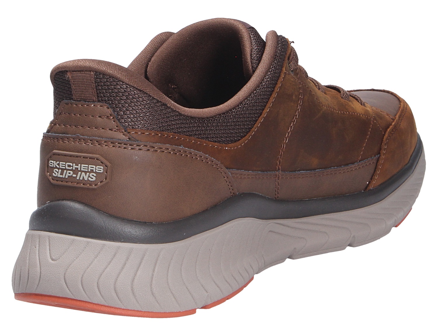 Skechers Arch Fit Schuh in Braun, Rück- und Seitenansicht mit gepolstertem Schaft und markanter Laufsohle