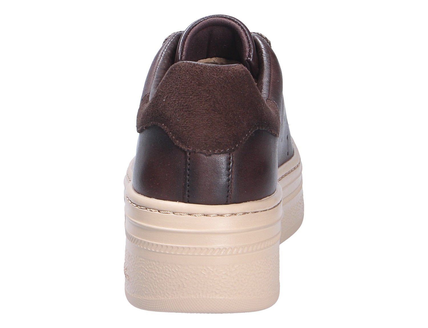 Rückansicht des Tamaris Damen Sneaker in Braun mit glattem Obermaterial, Fersendetail und heller Plateausohle
