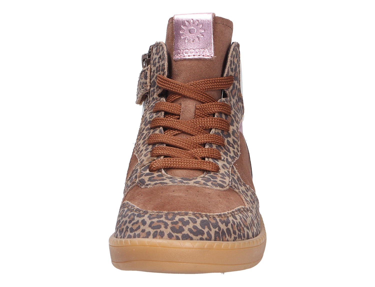 Frontansicht des Ricosta Mädchen Sneakerboots in Braun mit Leo-Print, Schnürsenkeln und Klettverschluss