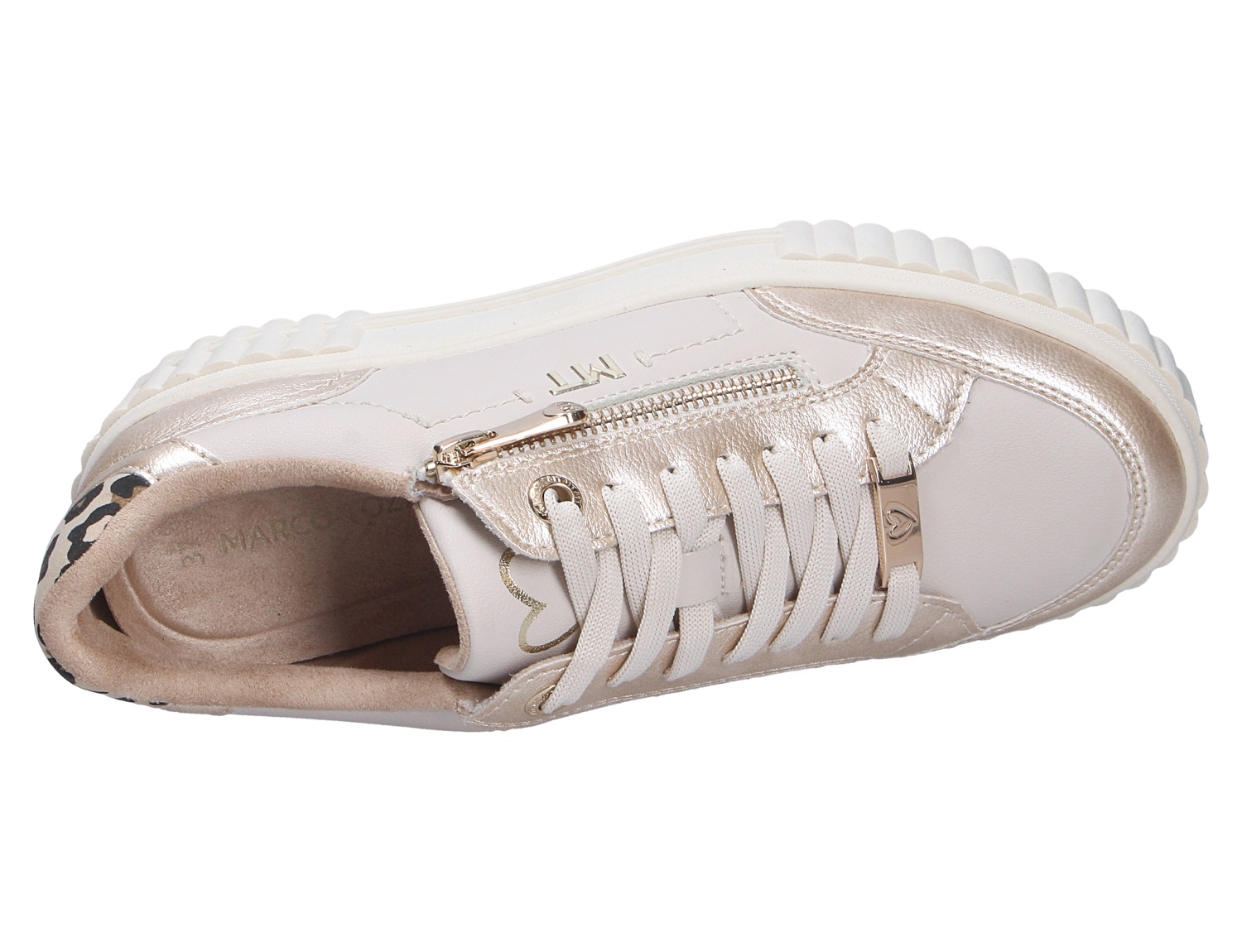 Marco Tozzi Damen Sneaker, weißer Freizeitschuh mit goldfarbenen Metallic-Details, seitlichem Reißverschluss, Schnürung und profilierter Sohle in Draufsicht