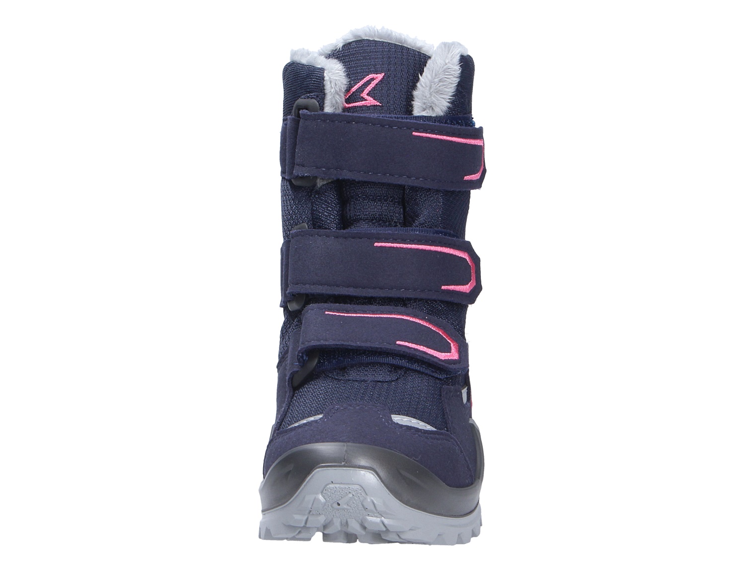 Frontansicht des Lowa MILO EVO GTX HI JR Kinder-Winterstiefels in Dunkelblau mit drei Klettverschlüssen und warmem Innenfutter