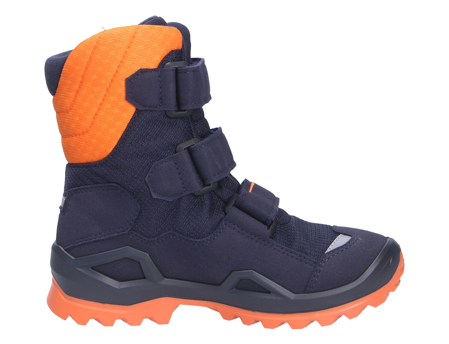 Lowa MILO EVO GTX HI JR Kinder-Winterstiefel in Navy-Orange, hoher wasserdichter GTX-Schuh mit Klettverschluss und griffiger Sohle