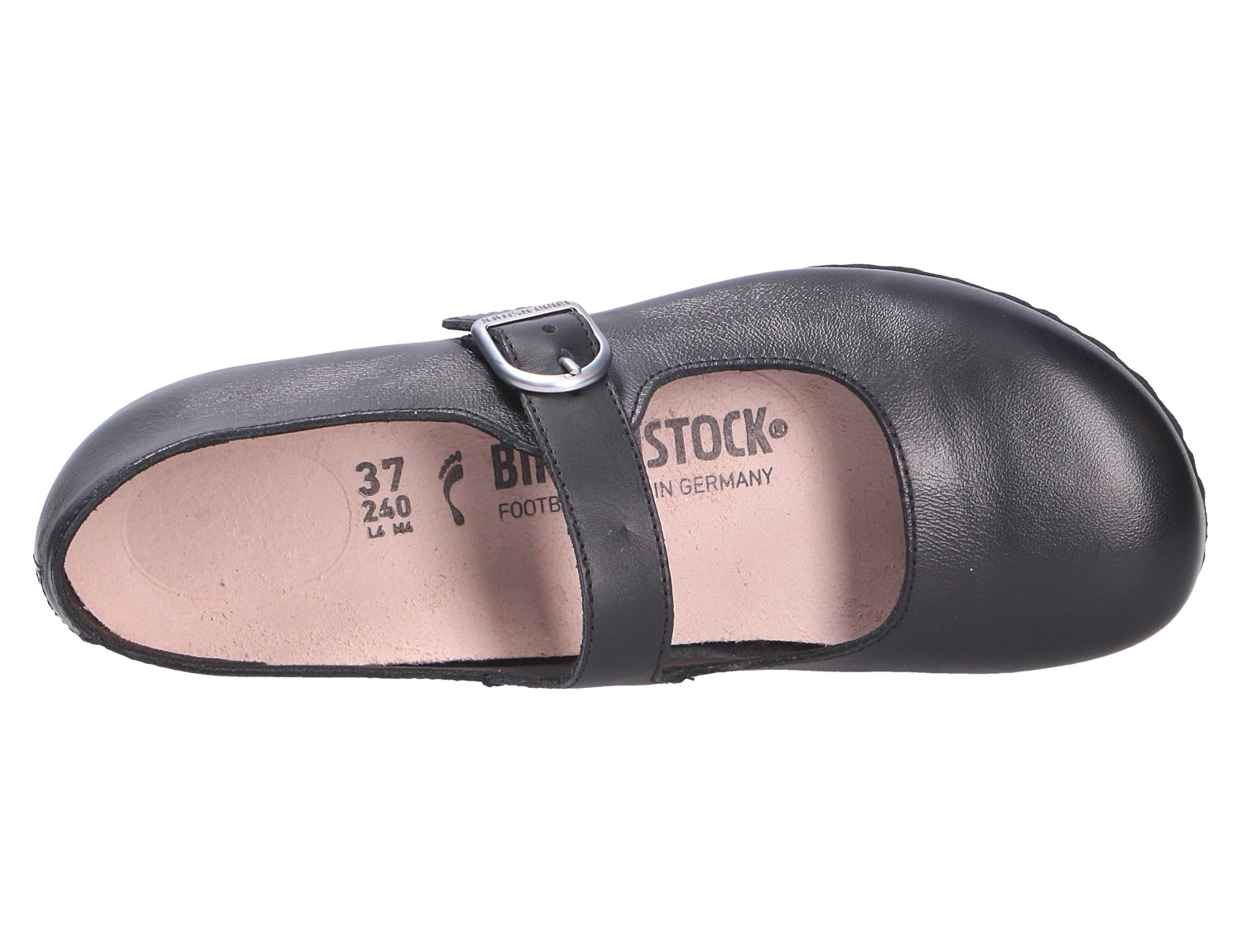 Birkenstock Santa Clarita schwarzer Ballerina mit verstellbarem Riemen und Fußbett in der Draufsicht