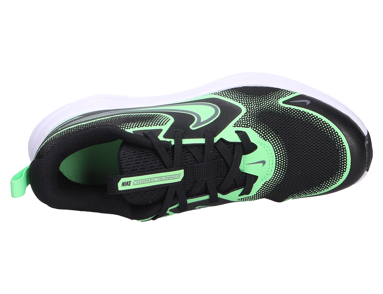 Nike Cosmic Runner Kinder Halbschuh in Grün und Schwarz, Draufsicht auf sportlichen Sneaker mit Schnürung und weißer Sohle für aktive Kinder