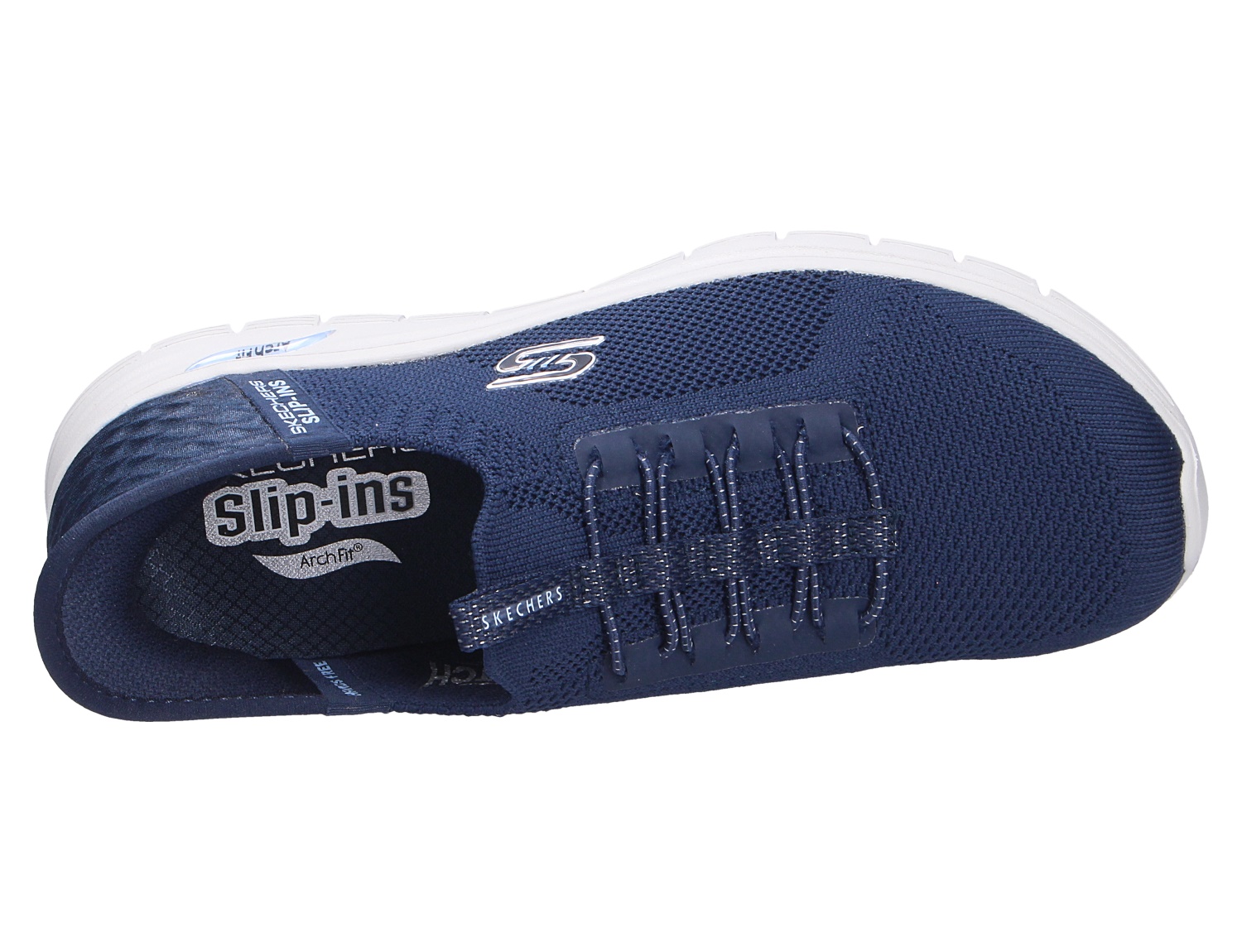 Dunkelblauer Skechers Arch Fit Slip-ins Sneaker aus Mesh mit elastischer Schnürung und weißer Sohle, Draufsicht