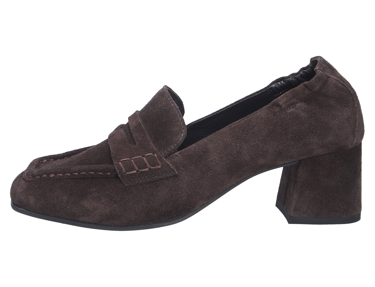 Paul Green Damen Pumps aus dunkelbraunem Veloursleder, seitliche Ansicht, mit Mokassin-Naht, Zierspange und stabilem Blockabsatz