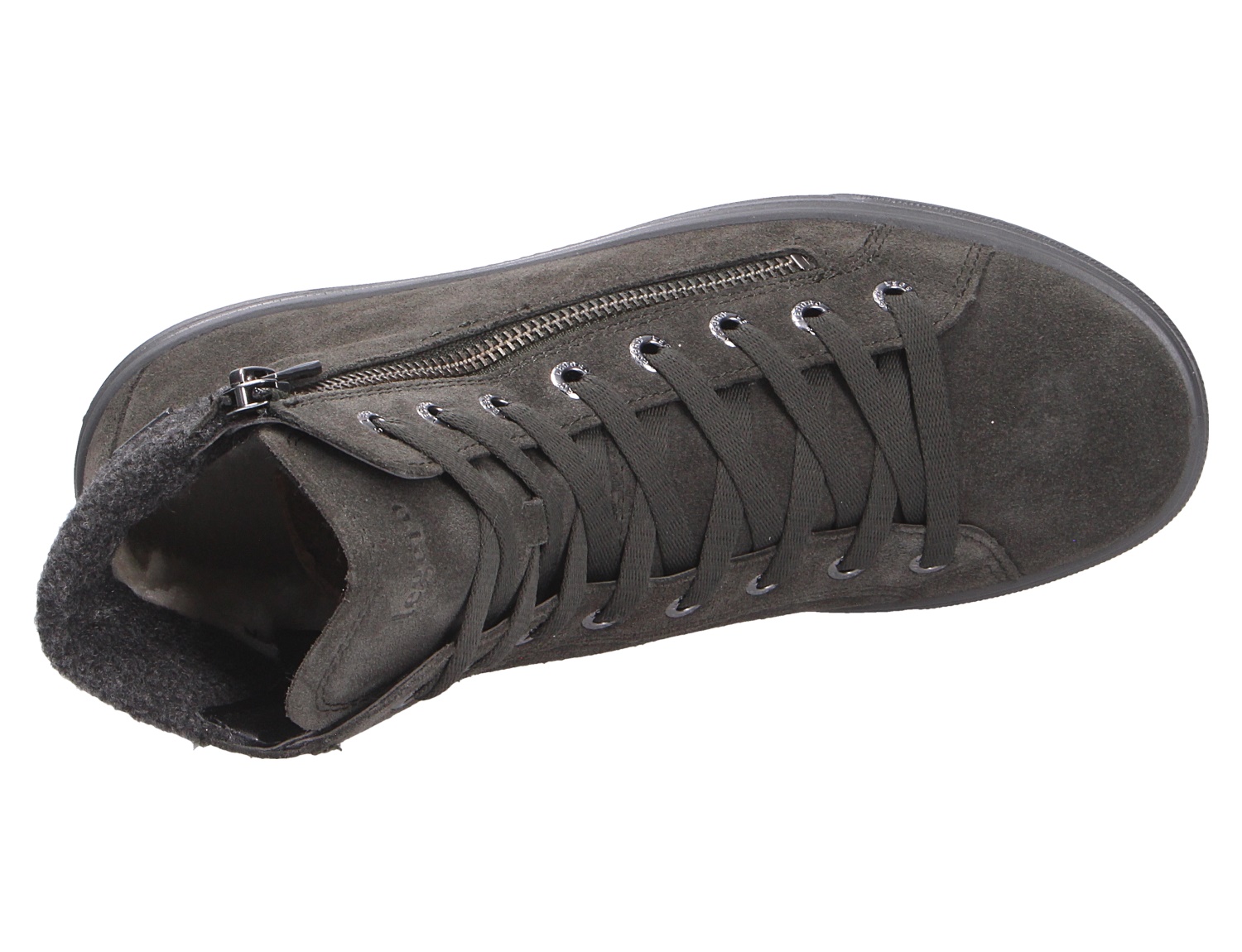 Legero Milena Damen-Sneaker in Schwarz, Mid-Cut aus Veloursleder mit Schnürung, seitlichem Reißverschluss und warmem Futter, Ansicht von oben