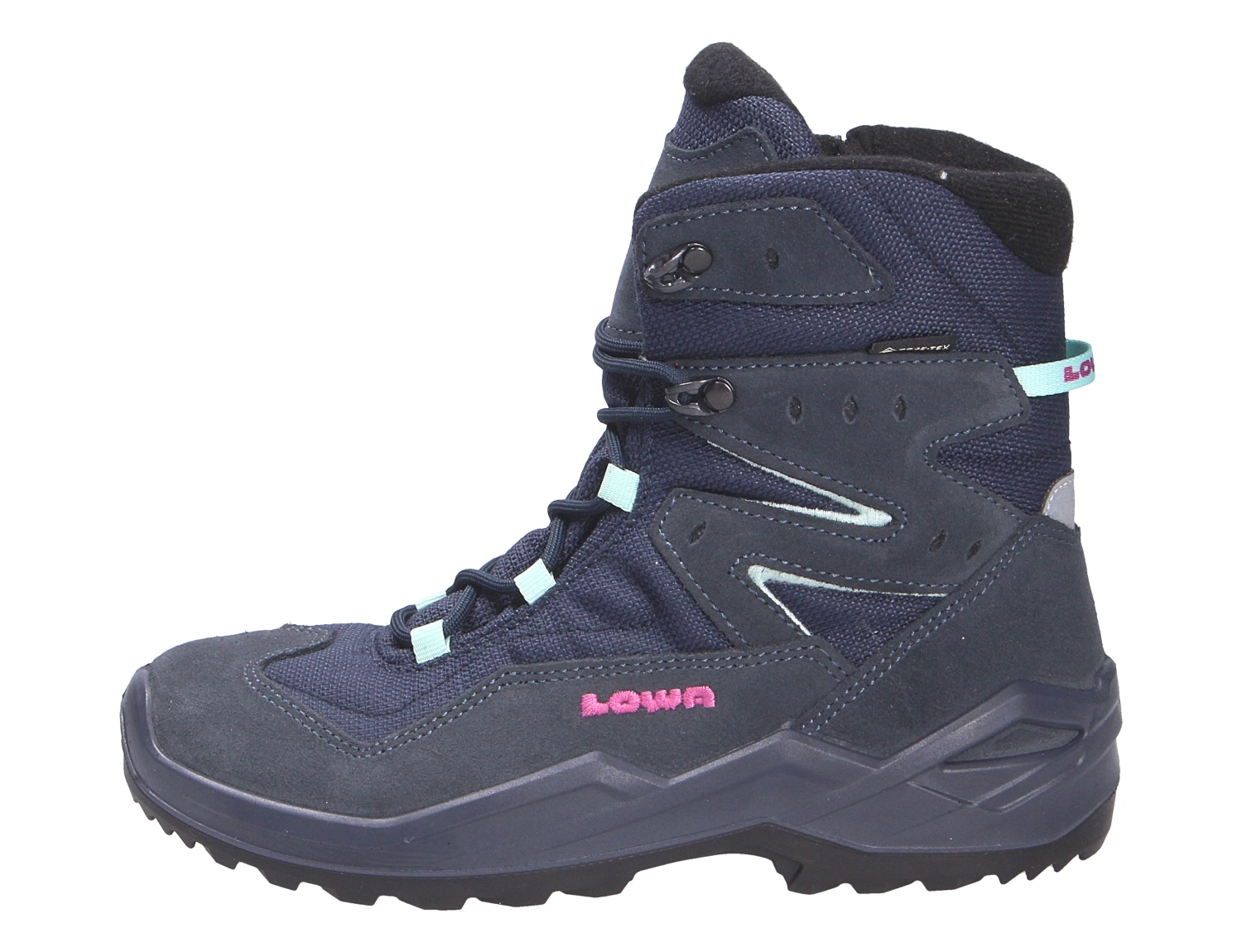 Lowa LINO GTX HI JR Kinder-Winterstiefel in Navy mit hohem Schaft, GORE-TEX und robuster Profilsohle, Seitenansicht