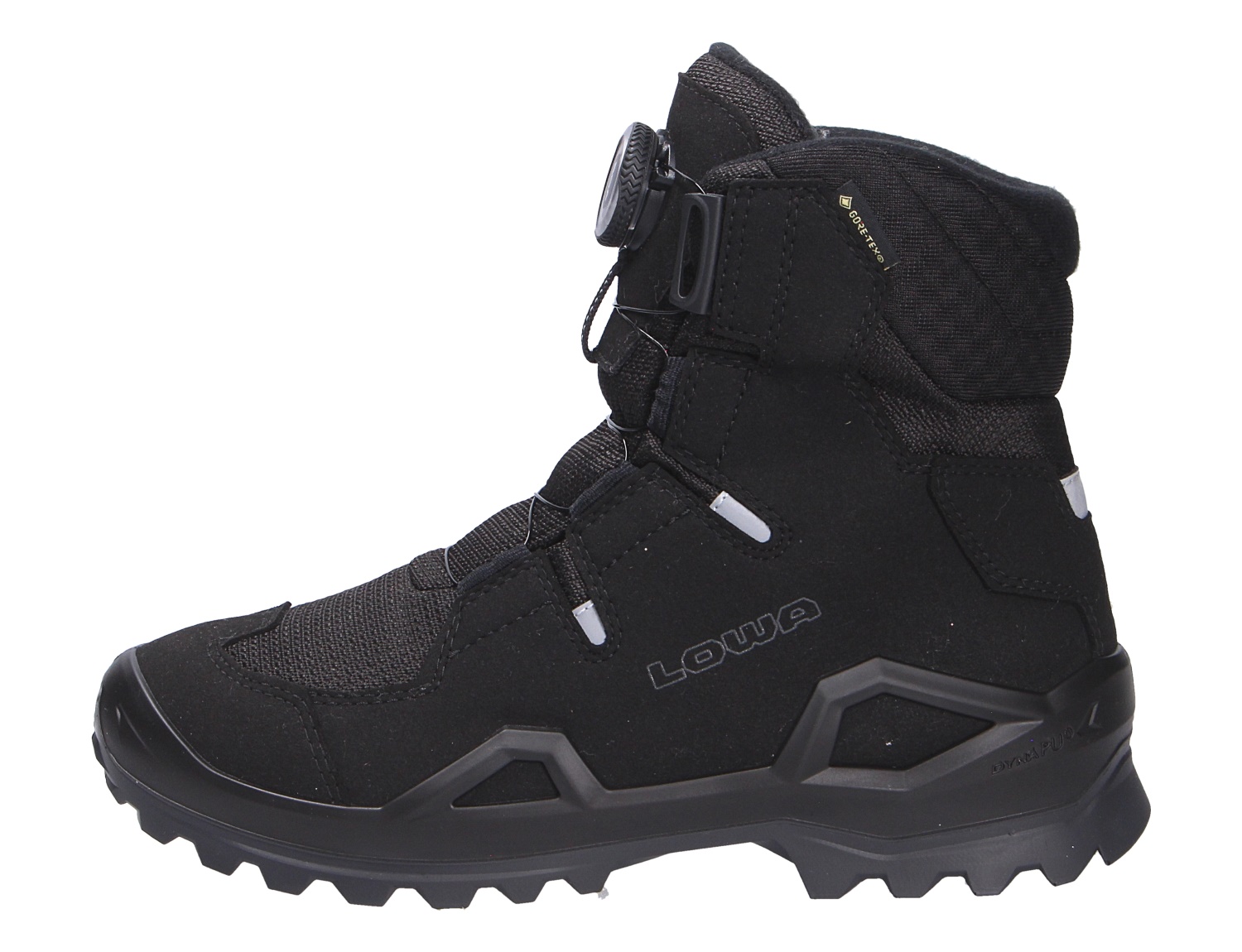 Lowa MILO EVO GTX HI BOA JR, schwarzer Kinder-Winterstiefel mit GORE-TEX und BOA-Verschluss, hohe wasserdichte Outdoor-Stiefelette in Seitenansicht