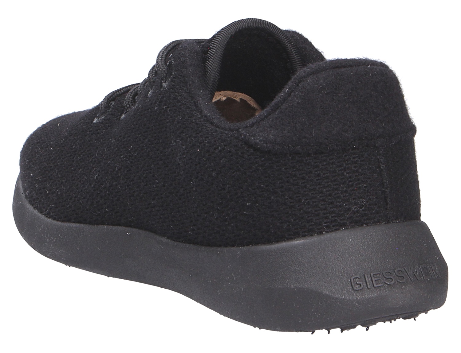 Giesswein MERINO WOOL KNIT WOMEN Damen-Sneaker aus schwarzer Merinowolle mit Schnürung und schwarzer Sohle in Rück- und Seitenansicht