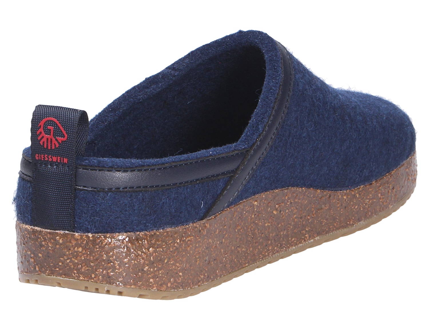 Giesswein WOOL CLOG in Dunkelblau, bequemer Woll-Hausschuh mit erhöhter Korksohle und Fersenschlaufe, Rückansicht